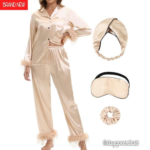 Satin Pajama Set with Feather Trim Long Sleeve Sleepwear Lounge